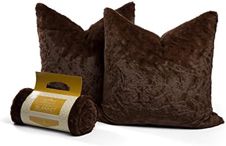 Chateau by Sheri Luxurious Faux Fur (2 x 24"x24") Pillows and  (1 x 50"x60") Throw Blanket, 3 piece Set, Dark Chocolate