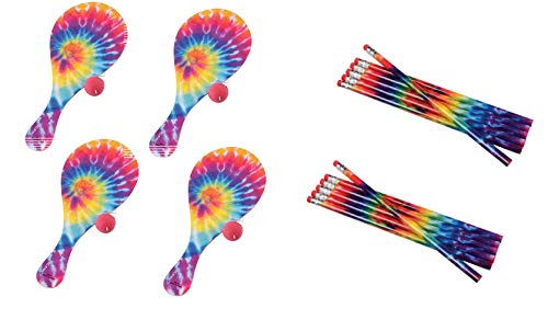 FUN Retro, Tie Dye, Peace, Love, 60's, Hippie Party Favors ~ 12 Tie-Dye Pencils & 12 Retro Tie Dye Paddleball Games ~ Teacher Student Classroom Giveaways