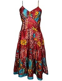 Women's Silk Dress Spaghetti Strap Printed Tiered Midi Dresses S/M