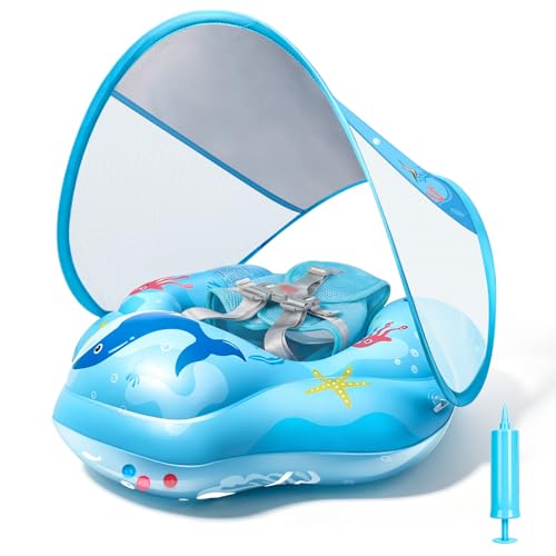 IEEILULU Salvagente Neonato, Ciambella Neonato Mare con Parasole Olare Rimovibile UPF50+, Salvagente Bambino con Adesivo di Riparazione per Piscina, Spiaggia, Vacanze da 6 a 36 Mesi