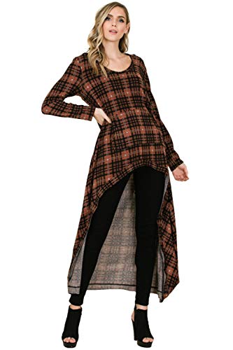 Annabelle Women's Long Sleeve Plaid Print Knit Hoodie Pocket Soft Snug Fashion Tunic Tops Rust Medium T1477