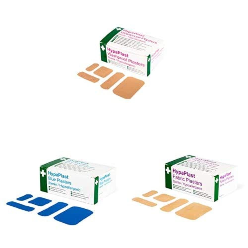 Safety First Aid Group HypaPlast Pink Washproof, Assorted (100) with Blue Visually Detectable Plasters and Fabric Plasters, Assorted (100) Bundle