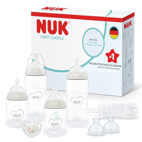 NUK First Choice Perfect Start Newborn Essentials Baby Bottles Set | 0-6 Months | 4 x Anti-Colic Feeding Bottles (150ml, 300ml), 2 x Teats, 1 x Dummy, 1 x Bottle Brush | Neutral | 8 Count