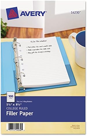 Avery 14230 Filler Paper, College Ruled, 5-1/2"x8-1/2",100/PK, White
