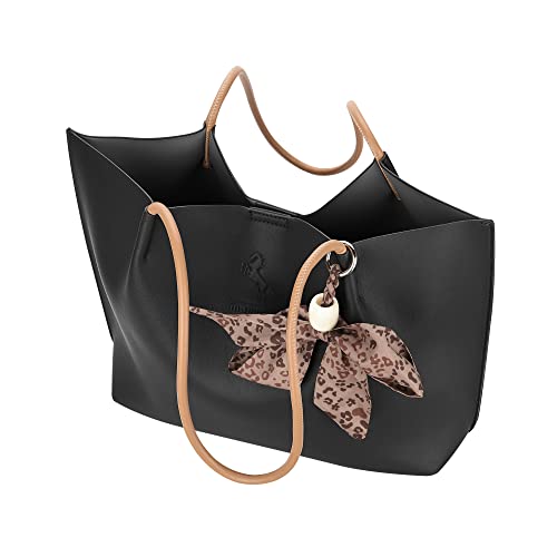 Marengo Soft Leather Tote Bag for Woman Shoulder Bag Satchel Handbag Purchse Set Black