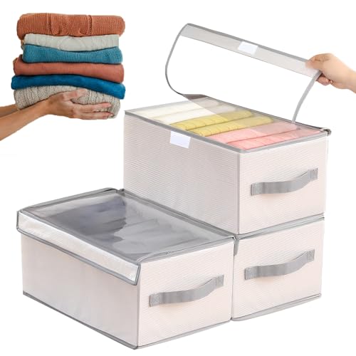 Organizador de Ropa para Closet 3 Piezas, Organizadores de Cajones Ropa Plegable, con Cubierta de malla transparente para jeans, ropa, camisas, almacenamiento de guardarropa (Sin Compartimentos)
