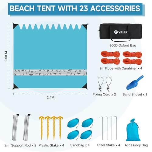 VILLEY Beach Canopy UPF50+ UV Protection 2m x 2.4m Lycra Tent for Picnics and Fishing