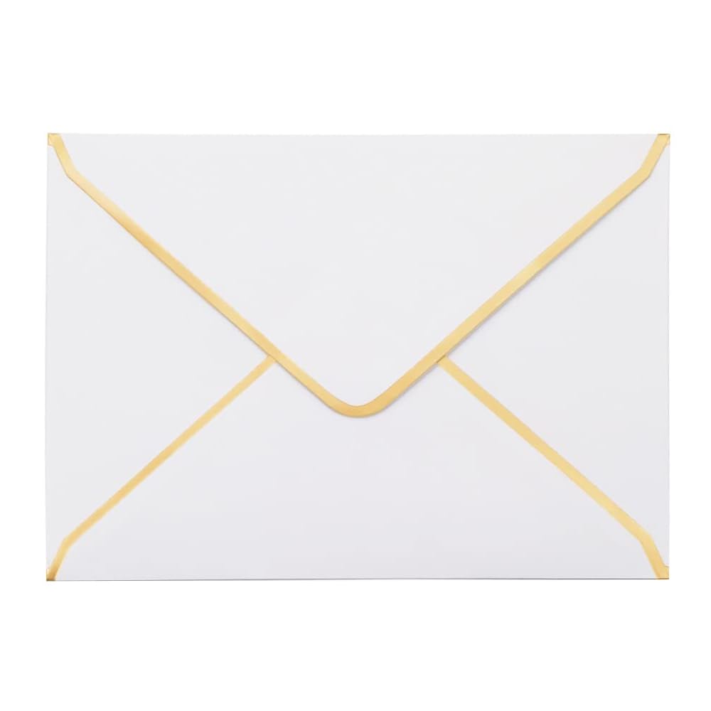 Photo 1 of 50 PCS White Envelopes 5x7 Invitation Envelopes A7 Size V-Flap Mailing Card Envelopes Quick Seal Envelopes with Gold Border for 5x7 Cards, Birthday, Weddings, Graduations, Greeting Cards
