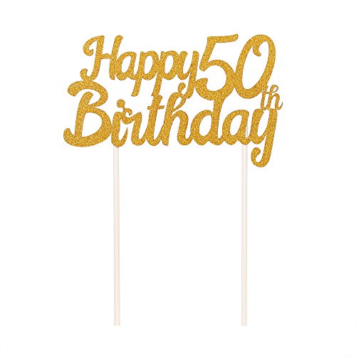 PALASASA Single Sided Glitter Happy Birthday Cake Toppers Decorations Tool Party Supplies (50th Gold) - Thumbnail 3