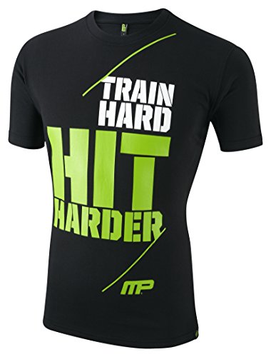 2016 MusclePharm Crew Neck 'Hit Harder' Printed Logo Fitness Sports T-Shirt Mens Training Tee Black Medium