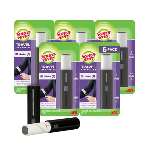 Scotch-Brite Mini Travel Lint Roller, Portable Retractable Lint Roller for Pet Hair for Your Purse, Luggage, or Car, Pick Up Crumbs, Hair, and Debris on the Go, 3 in. x 8.5 in., 6 Pack