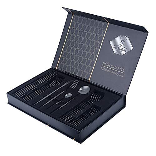 Matte Charcoal Black Cutlery Set, 24-Piece Stainless Steel Flatware Knife Fork Spoons, Serves 6 with Gift Box Matt