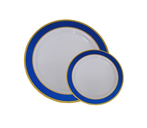 Disposable Plastic Dinner & Dessert Plates With Blue & Gold Trim - 40 Pack - 20 7