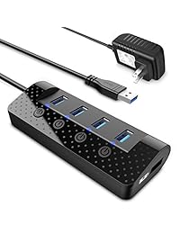 USB 3.0 Hub, ATOLLA USB Splitter con 4 puertos de datos USB 3.0 y 1 puerto de carga inteligente USB, interruptores de alimentación individuales y adaptador de alimentación de 5 V 3 A