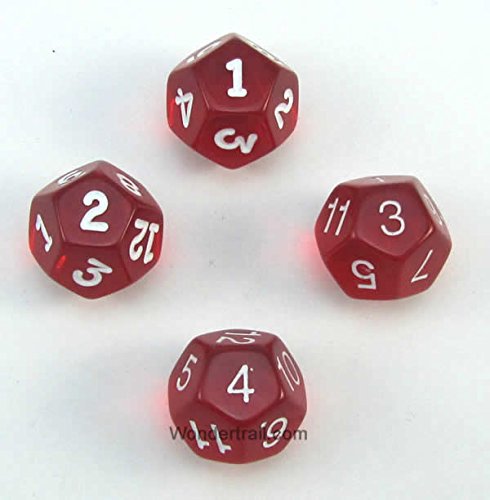 WKP02764E4 Red Transparent Dice with White Numbers D12 16mm (5/8in) Pack of 4 Dice Koplow Games