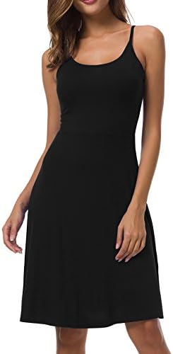 AUHEGN Sleeveless Adjustable Spaghetti Strap Slip Sleep Basic Dress for Women Black M