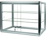 Elegant Silver Anodized Aluminum Display Table Top Tempered Glass Show Case. Sliding Tempered Glass Sliding Doors with Key Lock (24