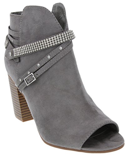 Sugar Women's Mainstay Dress Block Heel Ankle Boot Ladies Peep Toe Bootie with Studs Buckles and Straps Grey 9.5