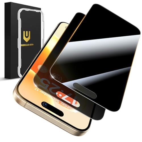 UNBREAKcable Pellicola Protettiva Privacy per iPhone15 PRO Max, Vetro Temperato Infrangibile[Anti-Spionaggio a 28°] [Durezza 9H] [Installazione Facile] Protezione Nera per iPhone 6,7" - Confezione 2