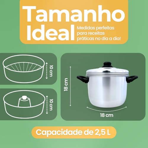 Panela 3 em 1 Multifuncional, Alumínio Polido, Conjunto com Panela Principal, Forma para Banho-Maria e Cesto Vapor, 2,5 Litros