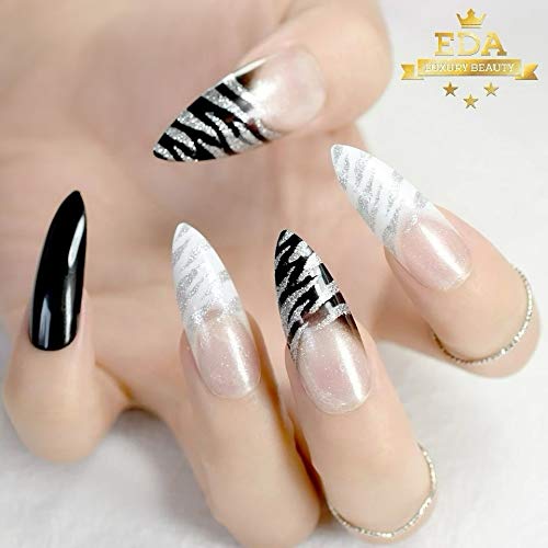 EDA LUXURY BEAUTY SILVER WHITE BLACK ANIMAL PRINT FRENCH GLAMOROUS DESIGN Full Cover Press On Artificial Tips Acrylic False Nails Extra Long Pointed Ballerina Almond Stiletto Super Fashion Fake Nails 5 EDA LUXURY BEAUTY SILVER WHITE BLACK ANIMAL PRINT FRENCH GLAMOROUS DESIGN Full Cover Press On Artificial Tips Acrylic False Nails Extra Long Pointed Ballerina Almond Stiletto Super Fashion Fake Nails