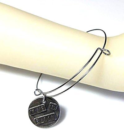 Time to Bloom | Inspired Stainless Steel Silver Bangle Wire Bracelet with Wax Seal Sunflower Bloom Pewter Charm