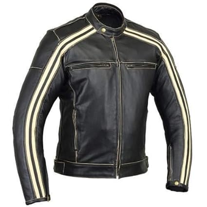 Retro-Motorrad-Jacke „The Bonnie“, Farbe: Schwarzer Kaffee, Rennjacke, 100% Rindsleder, mit CE-Armour-Protektor, elfenbeinfar