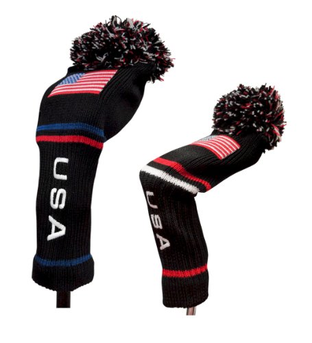 Classic Knit Spandex Pom Pom Golf Headcovers for Drivers, Fairway Woods, Hybrids and Putters (USA Flag, Putter)