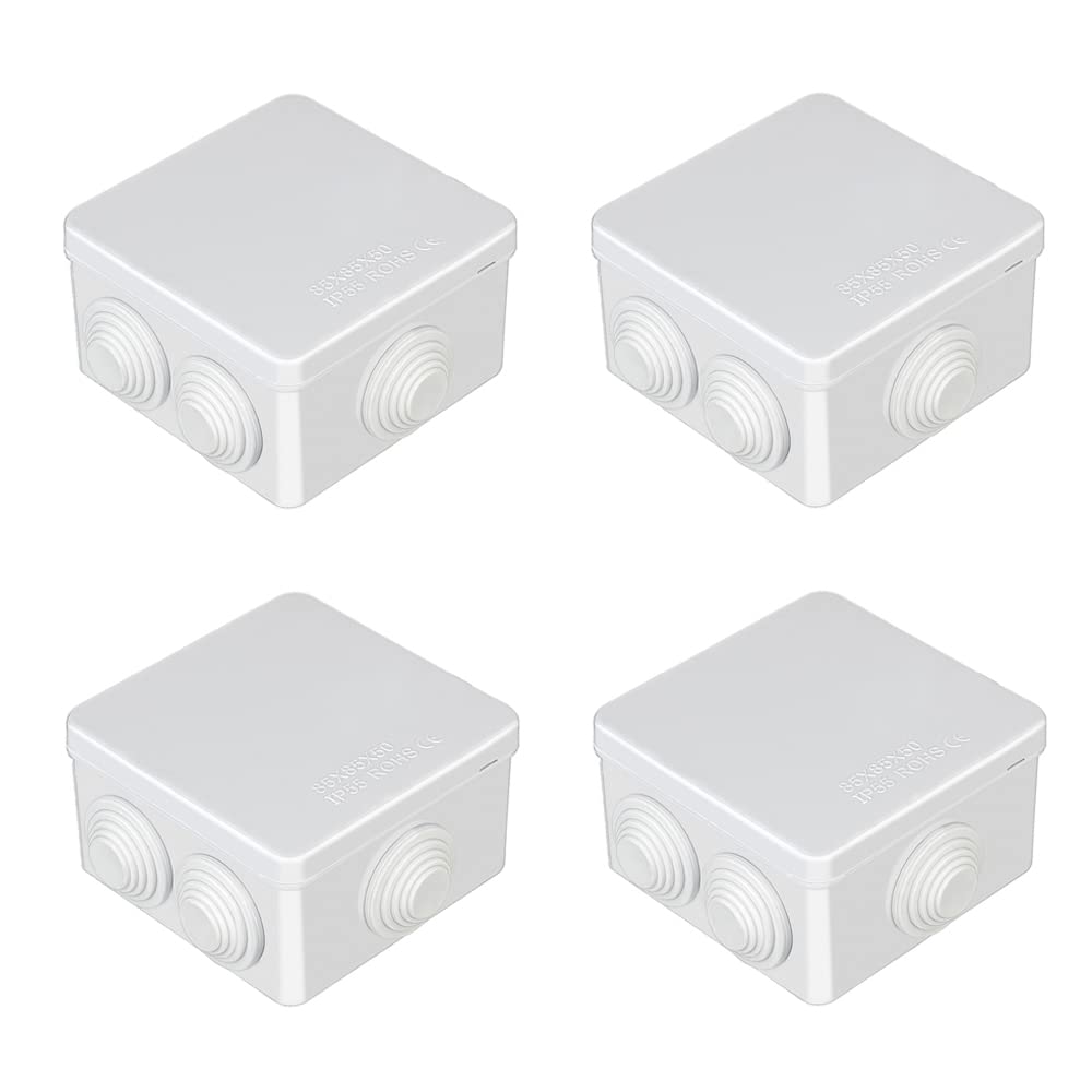Pack of 4 White IP55 Junction Box, ABS Plastic Outdoor External Electrical Enclosure Box, Universal Weatherproof Surface Mounted CCTV Junction Boxes (85x85x50mm)