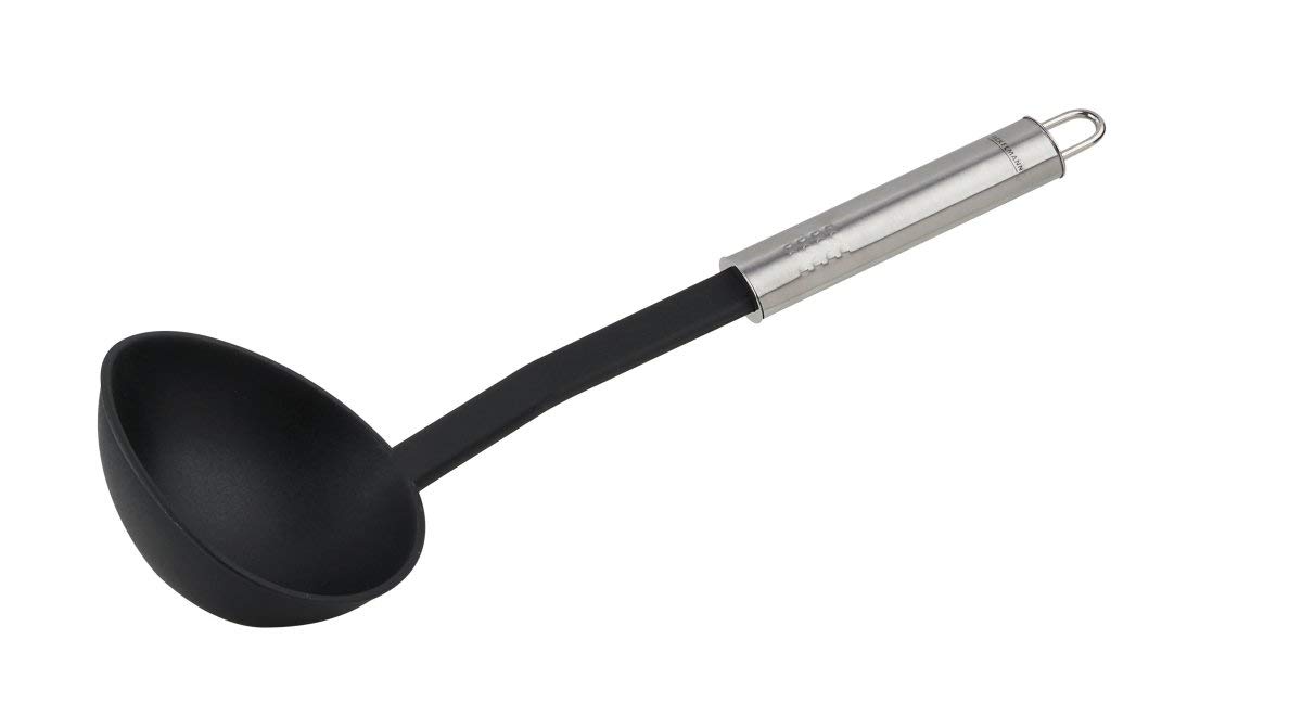 Fackelmann Ladle 30 cm Oval Handle, Practical Plastic Soup ladle with Ergonomic Stainless Steel Handle, Kitchen aid for Cooking (Colour: Silver/Black), Quantity: 1 piece