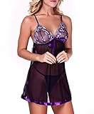 Ruzishun Women's Sexy Lingerie Diaphanous Pajama Lace Skirt Sleepwear Plus Size (XXXL, Purple)