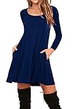 AUSELILY Women's Casual Plain Simple Flowy Tunic Dress with pockets (S, Long sleeve-Navy Blue)