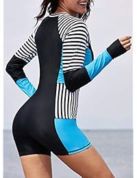 LEANI Traje de baño de una pieza de manga larga con cremallera y protección UV, rayas, para surf, surf, bañador
