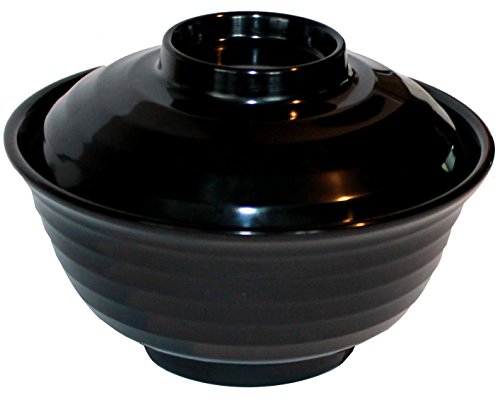Japanese Rice / Soup Bowl Set with Lid, Spoon, and Pan Scraper, Melamine, Red and Black (4-Pack, 10 Ounce, 4.75 Inch)
