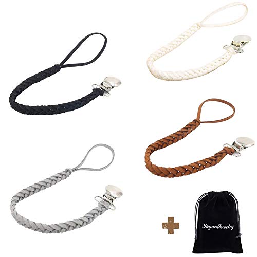 JieyueJewelry Leather Baby Pacifier Clips, Pack of 4, Handmade Suede Braided Leash Pacifier Teething Toy Holders for Boys and Girls, 10 inch (Black/Brown/Gray/White)