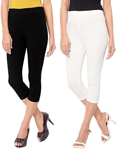 Capri Style Leggings| White and Black| 3/4th For Women in 95 % Cotton and 5 % Lycra Combo| Pack of 2 | Free Size Comfortable Premium Quality | Ultra Soft Fabric | High Waist For Girls | Best Fits 24'' To 34 Waist By FashGlam"