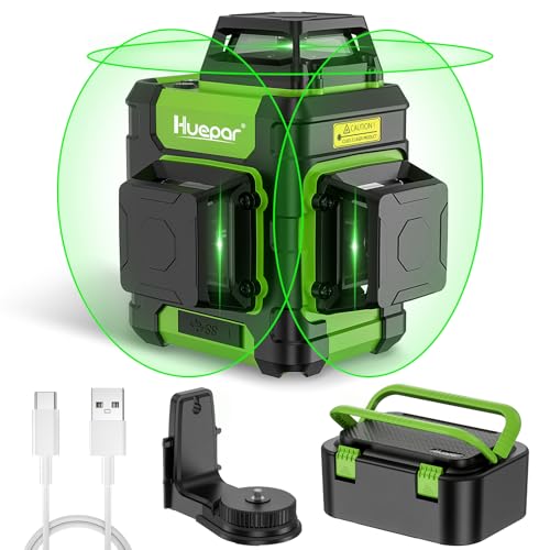 Huepar Green Laser Level 3×360° Self-Leveling with Rechargeable Li-ion Battery, 30-60m Cross Line Laser with Pulse Mode, Magnetic Base - Precision Pro for Construction & DIY