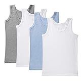 Brix Boys' Cotton Tank Top - Tagless Undershirts Super Soft 4-Pack Tees Sizes 2-14. (Tagless White, Chambray, Heather Grey, 7/8 Years)