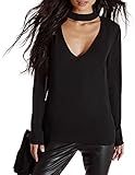 Haoduoyi Womens Plian V Neck Choker Long Sleeve Top T Shirt