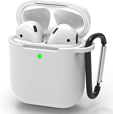 Airpods Case Portable Protective Upgrade Silicone Skin Cover with Anti-Lost Carabiner[Front LED Visible] Soft Washable Silicone Headphone Case Compatible with Airpods 2&1 Accessories - White