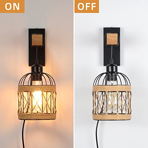 HOTRAN Plug in Wall Sconces Set of Two, Farmhouse Wall Lamps for Bedrooms Set of 2, Rustic Wall Mounted Lights for Bedside, Living Room, Sconces Wall Lighting Fixtures with 60inch On/Off Switch Cord