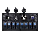 Boat Rocker Switch Panel, Waterproof 8 Gang Automotive Toggle Switches with Digital Voltage Display 3.1A Double USB Power Charger Adapter 12V Cigarette Lighter Socket for Marine Car Truck Jeep