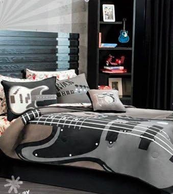 Special Collection ' Guitar' Kids Bedding Collection - Reversible Comforter Set Black Brown Gray (Twin) 4 Pieces Best Quality Good Design Fantastic Colors Imported Percale 50% Cotton 50% Polyester