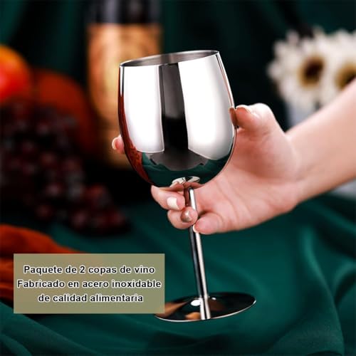 Copas de Vino Acero Inoxidable con Tallo 500ml 2 Pieza, Taza Cobre de Vino Tinto Cóctel Inastillable Fácil de Limpiar, Copas Irrompible para Aniversarios Navidad Fiesta Piscina Boda, Alto 21cm (Plata)