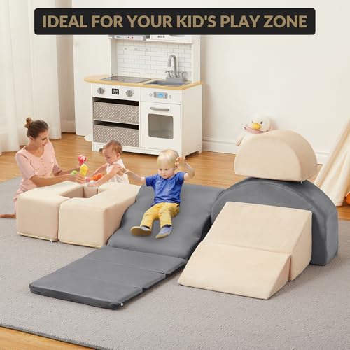 Garvee 7-Piece Toddler Climbing Toys, Indoor Soft Foam Play Blocks for Baby, Montessori Soft Play Set with Slide, Stairs & Ramp, Indoor Playground for Toddlers 1-3, Nursery & Playroom, Gray & Beige