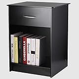 INTEY Modern Black Nightstand/Bedside Table with Drawer and Open Shelf, MDF Tall Bedroom End Table