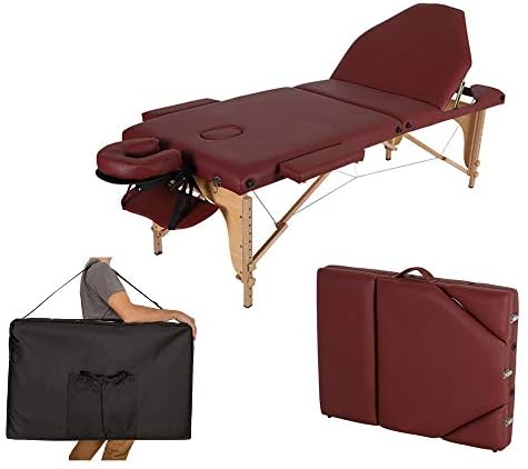 Portable Home Folding Massage Bed Acupuncture Physiotherapy Massage Table Multi-Function Beauty Bed 3 Section Therapy Wooden Frame -Wine red