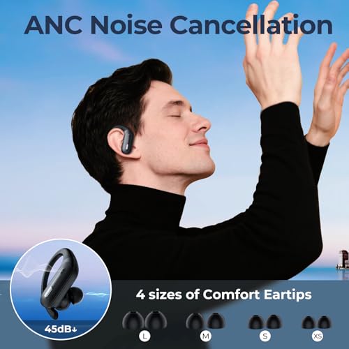 Active Noise Cancelling Ear Buds Wireless Earbuds 90Hrs Playtime Bluetooth Headphones with Hi-Res Stereo Deep Bass Power Display Earphones with Earhooks Waterproof Transparency Headset for Sports/Gym