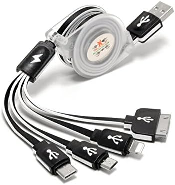 Lighting Cable,MQOUNY Multi USB Cable Retractable 4 in 1 Multifunctional USB Cable Adapter Connector with Type C/ Lightning / 30 Pin / Micro USB Ports (Black)