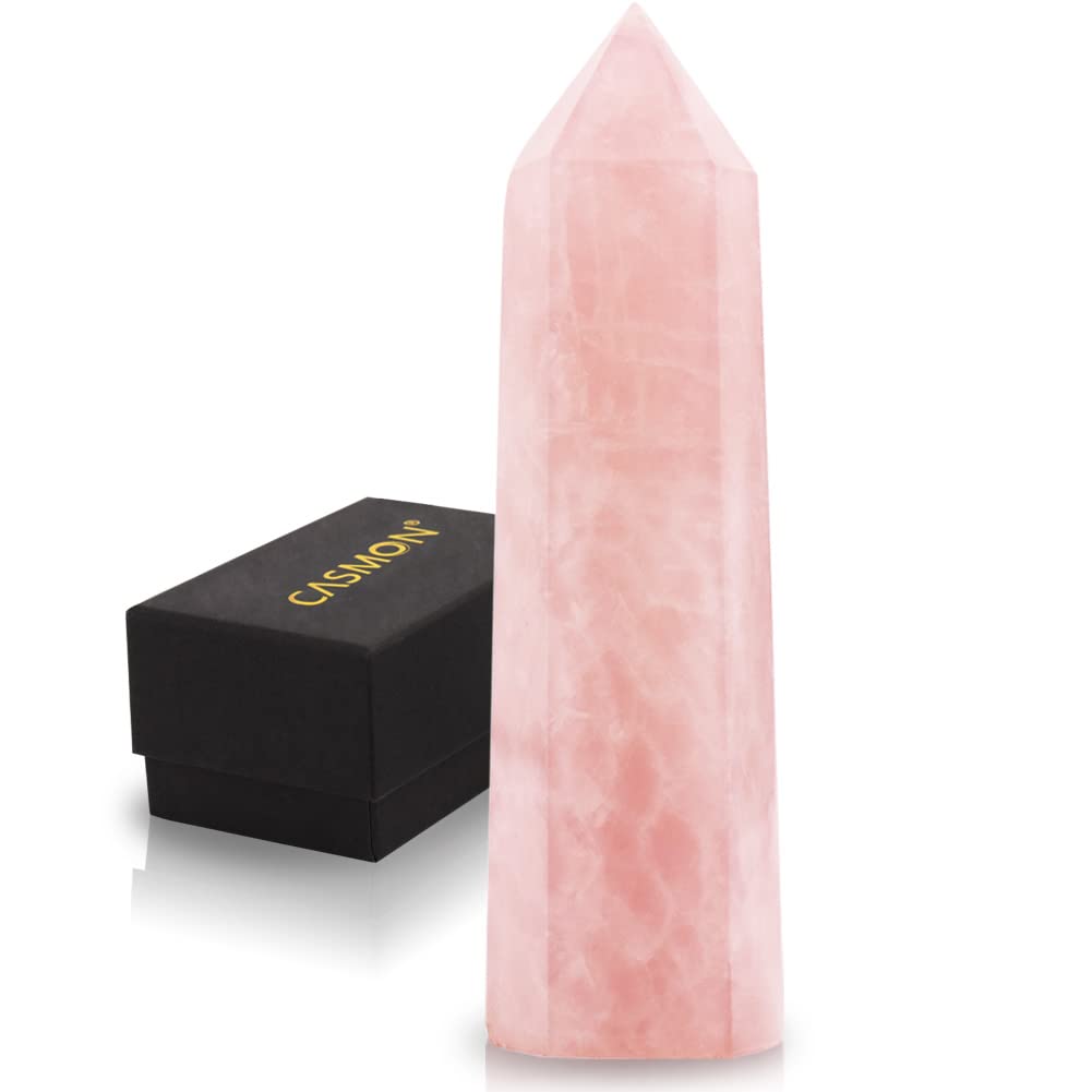 CASMON Rose Quartz Natural Healing Crystal Wand, 6 Faceted Prism Wand Gemstone Stones, 3.2"-3.5" Single Point Wands with Gift Box for Reiki, Chakra, Meditation, Collection, Gifts, Home Décor